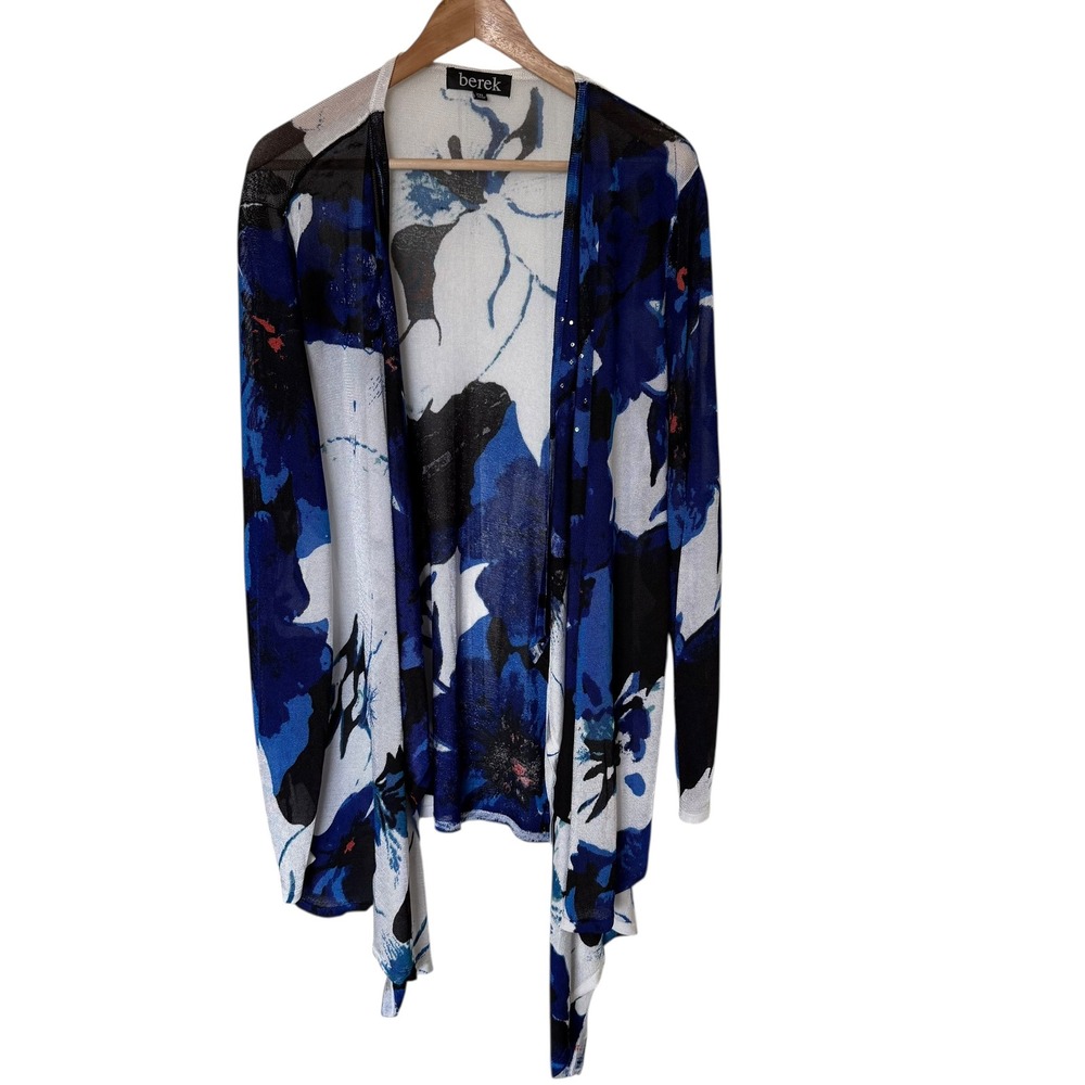 Berek Floral‎ Cardigan Women 2XL Blue White Excellent Rhinestone Open Front Knit